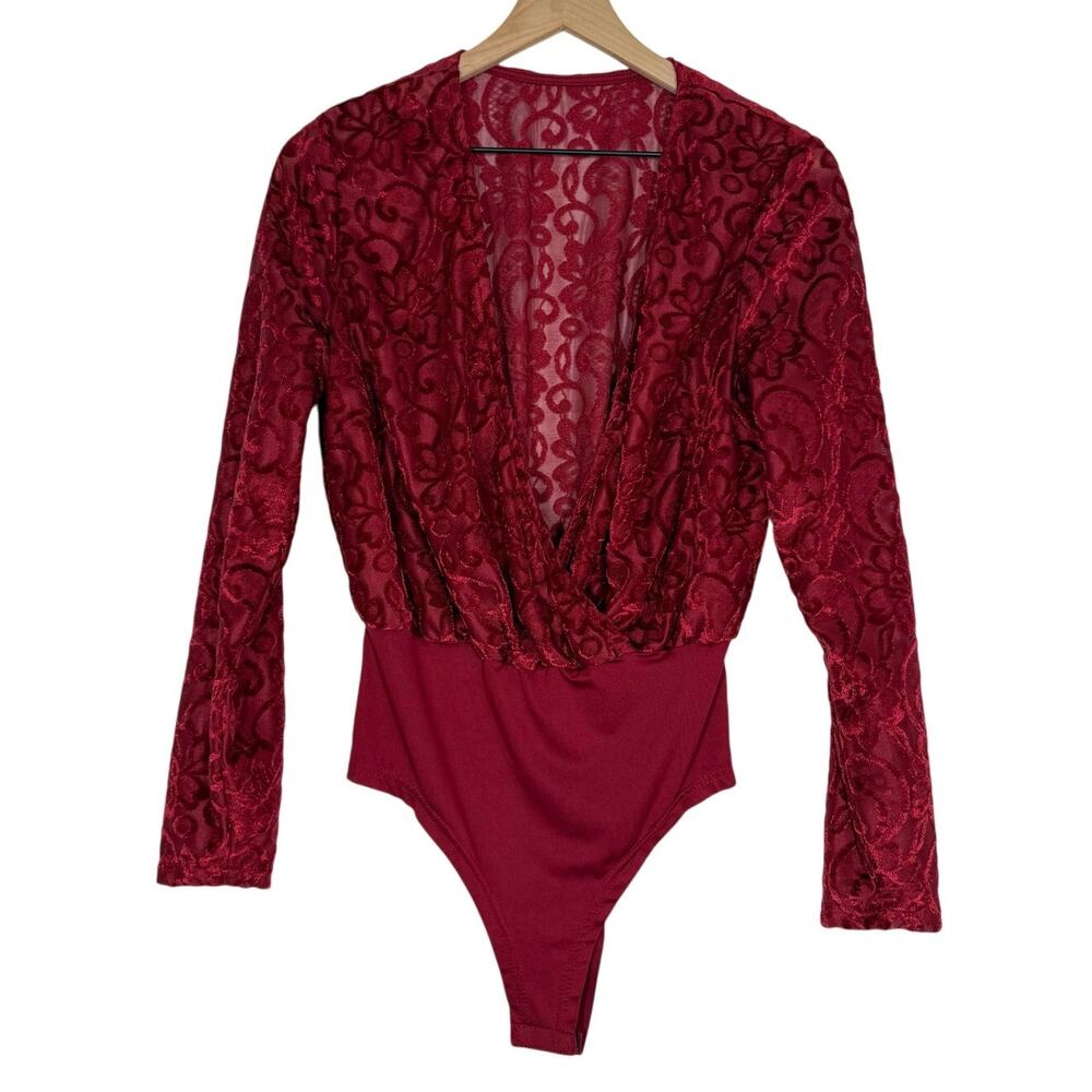 Velvet‎ Burnout Bodysuit M Red Floral Lace Plunge V-Neck Long Sleeve Whimsygoth